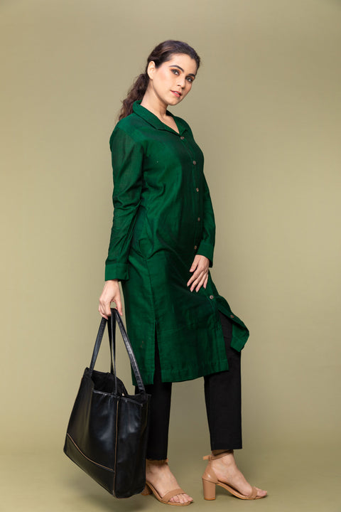 Order Forest Green Shirt Kurta in Handloom Cotton with Black Straight Fit Pants - Set of 2

