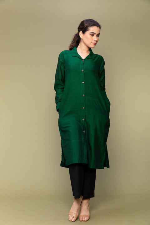 Buy Forest Green Shirt Kurta in Handloom Cotton with Black Straight Fit Pants - Set of 2

