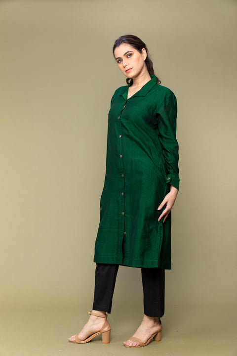 Premium Forest Green Shirt Kurta in Handloom Cotton with Black Straight Fit Pants - Set of 2

