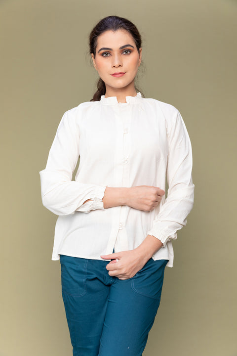 Buy Ruffle Shirt in Off-White Handwoven Cotton | Vinusto