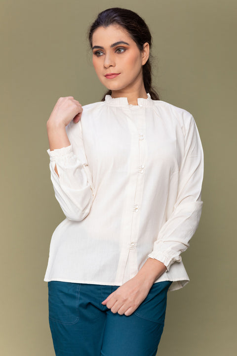 Shop Ruffle Shirt in Off-White Handwoven Cotton | Vinusto