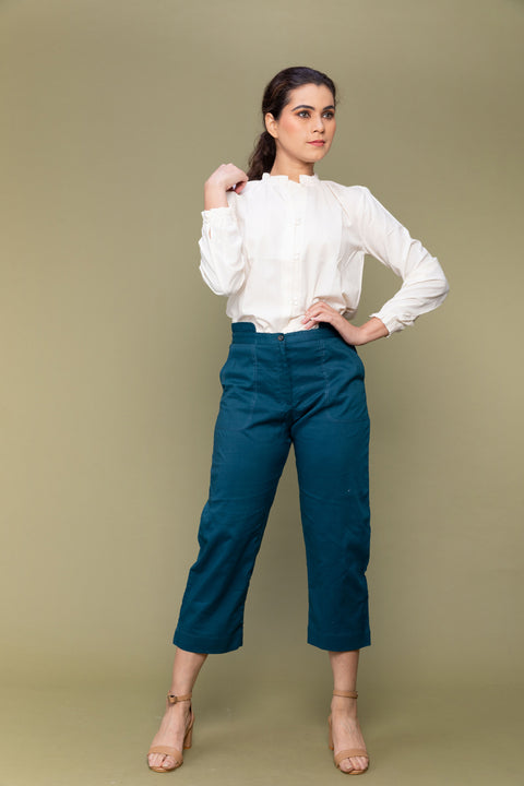 Order Off-White Handloom Cotton Shirt with Teal Blue Cropped Cotton Pants (Set of 2) | Vinusto