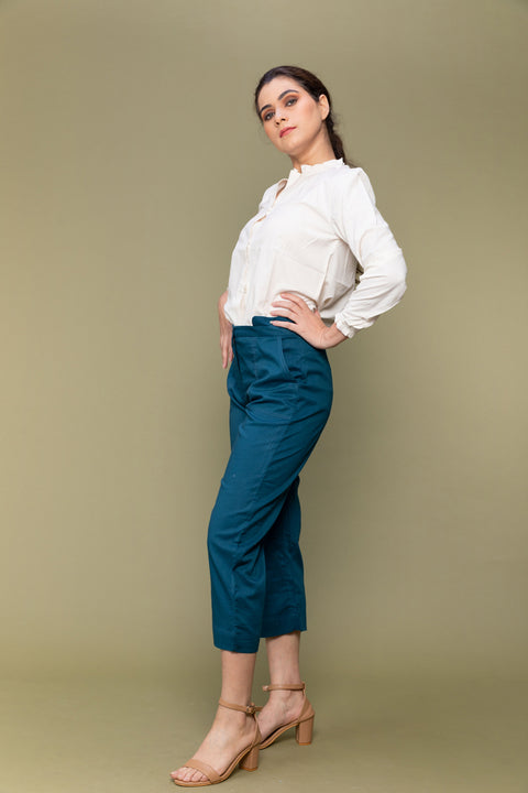 Premium Off-White Handloom Cotton Shirt with Teal Blue Cropped Cotton Pants (Set of 2) | Vinusto
