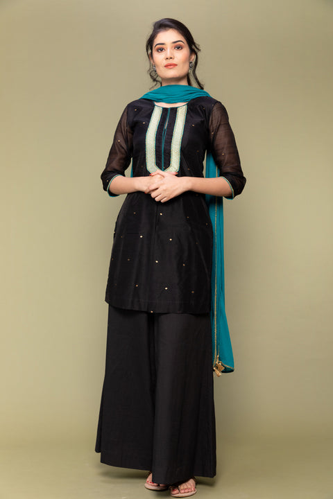 Shop Black Chanderi Handloom Kurti & Flared Cotton Palazzo – Set of 2

