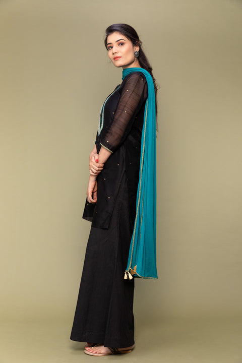 Luxury Black Chanderi Handloom Kurti with Flared Cotton Palazzo & Atlantic Blue Georgette Dupatta - Set of 3