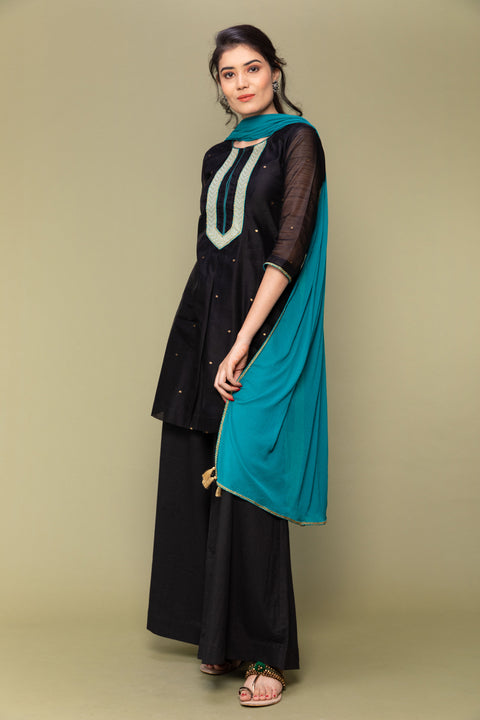 Shop Black Chanderi Handloom Kurti with Flared Cotton Palazzo & Atlantic Blue Georgette Dupatta - Set of 3