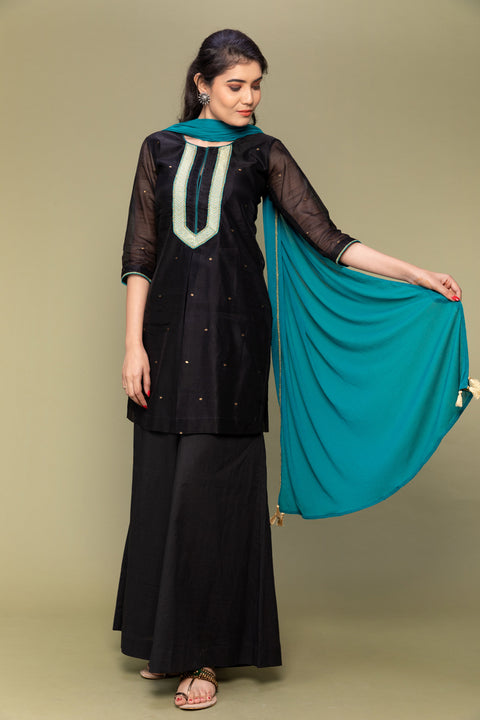 Order Black Chanderi Handloom Kurti with Flared Cotton Palazzo & Atlantic Blue Georgette Dupatta - Set of 3