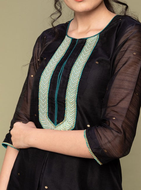 Premium Black Chanderi Handloom Kurti with Flared Cotton Palazzo & Atlantic Blue Georgette Dupatta - Set of 3