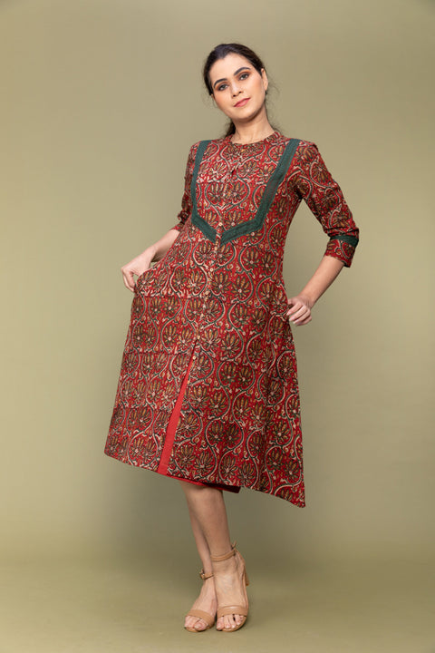 Maroon Flared Dress in Hand block Printed Cotton