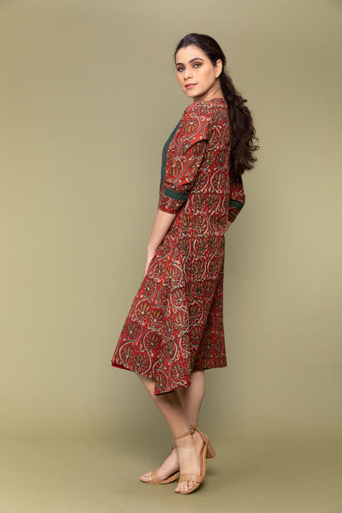 Luxury Maroon Flared Dress in Hand Block Printed Cotton | Vinusto