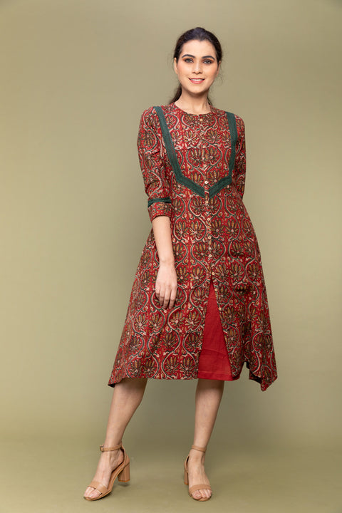 Shop Maroon Flared Dress in Hand Block Printed Cotton | Vinusto