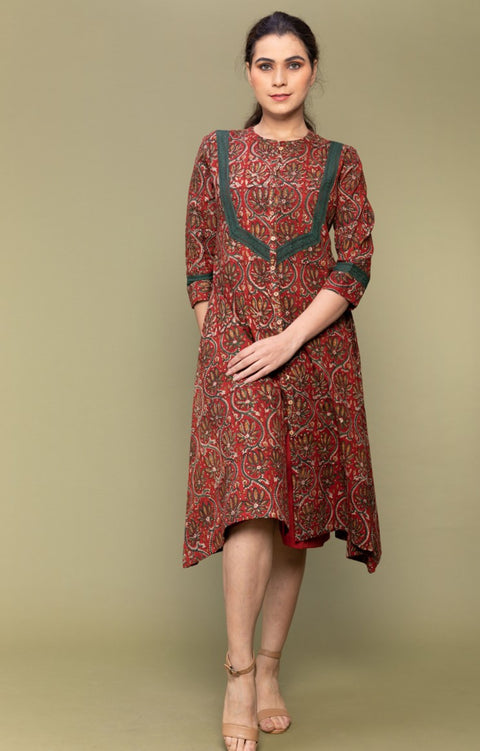 Maroon Flared Dress in Hand block Printed Cotton