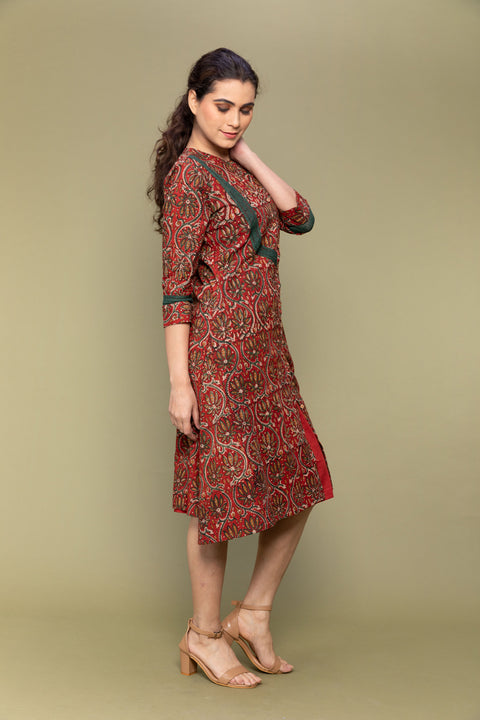 Premium Maroon Flared Dress in Hand Block Printed Cotton | Vinusto