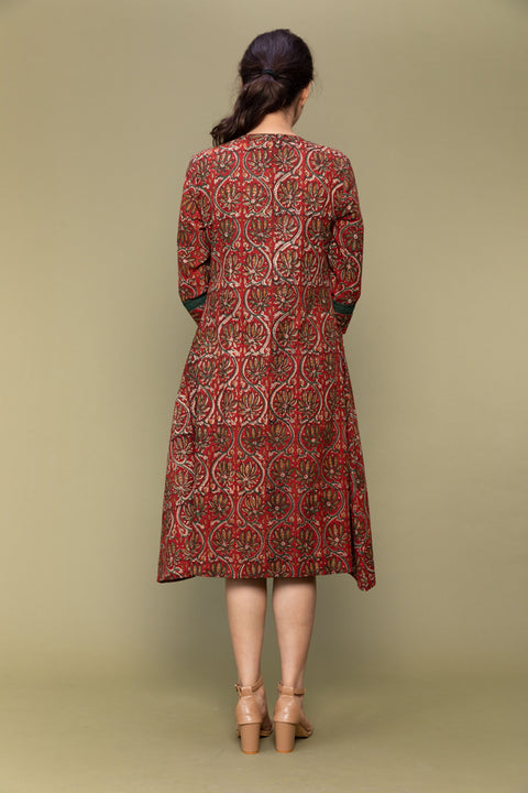 Handcraft Maroon Flared Dress in Hand Block Printed Cotton | Vinusto