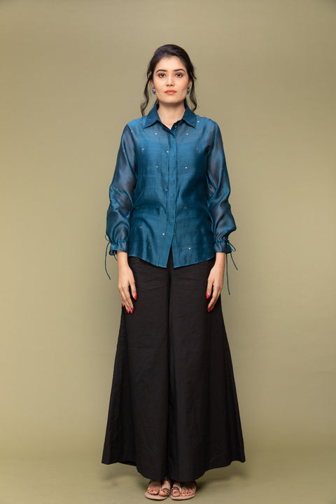 Order Teal Blue Chanderi Handloom Shirt with Balloon Sleeves & Black Cotton Flared Pants (Set of 2) | Vinusto