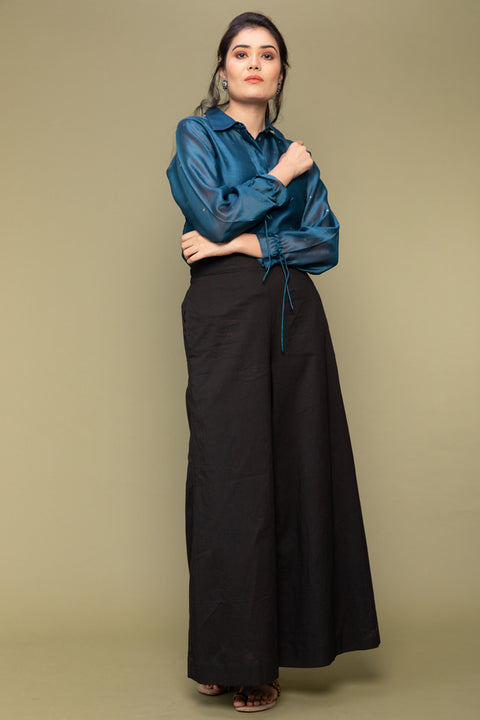 Shop Teal Blue Chanderi Handloom Shirt with Balloon Sleeves & Black Cotton Flared Pants (Set of 2) | Vinusto