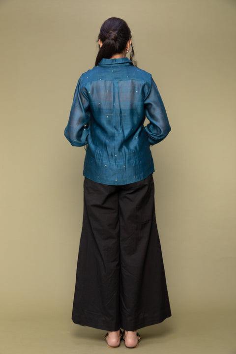 Premium Teal Blue Chanderi Handloom Shirt with Balloon Sleeves & Black Cotton Flared Pants (Set of 2) | Vinusto