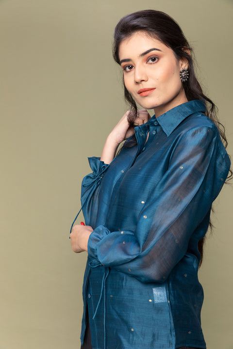 Luxury Teal Blue Chanderi Handloom Shirt with Balloon Sleeves & Black Cotton Flared Pants (Set of 2) | Vinusto