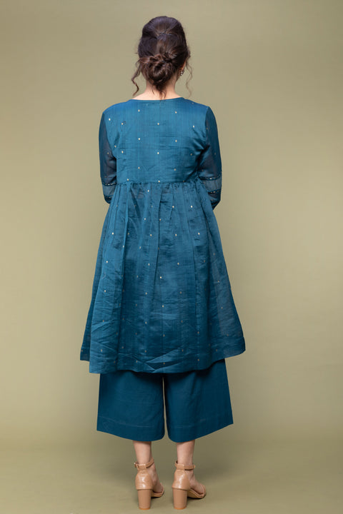 Teal Blue Chanderi Handloom Gathered Wrap Kurti with Cropped Cotton Palazzo (Set of 2)