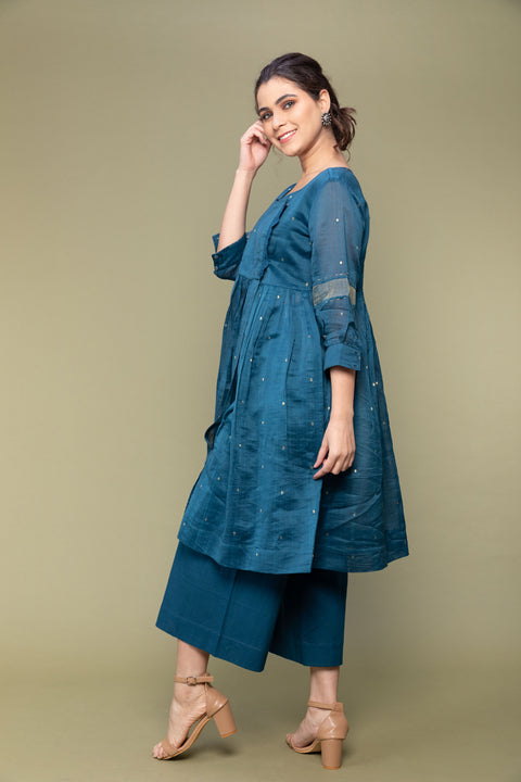 Order Teal Blue Chanderi Handloom Gathered Wrap Kurti with Cropped Cotton Palazzo - Set of 2

