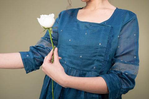 Premium Teal Blue Chanderi Handloom Gathered Wrap Kurti with Cropped Cotton Palazzo - Set of 2

