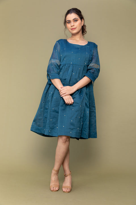 Buy Teal Blue Chanderi Handloom Gathered Wrap Dress | Vinusto