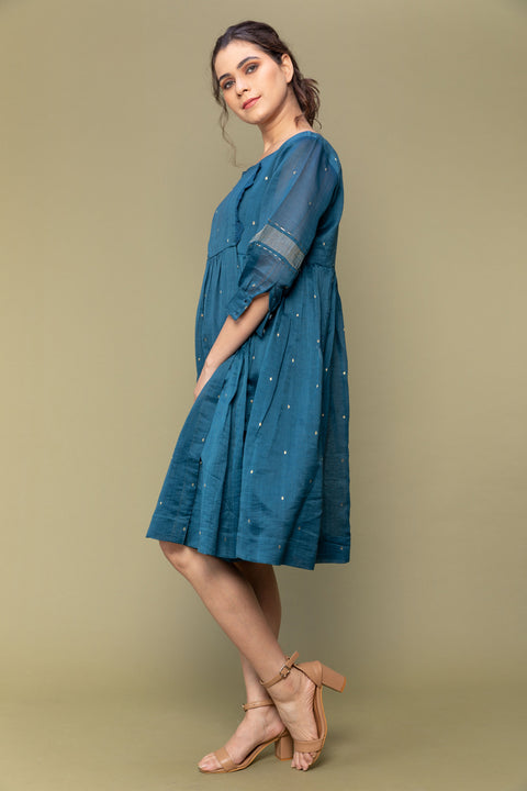 Order Teal Blue Chanderi Handloom Gathered Wrap Dress | Vinusto