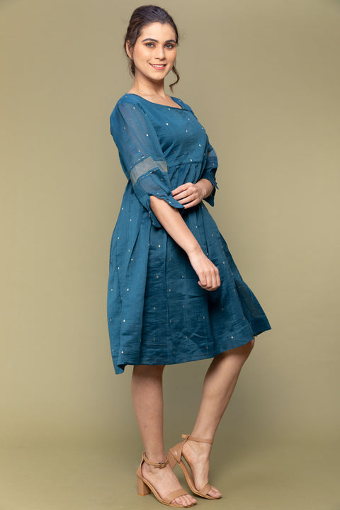Luxury Teal Blue Chanderi Handloom Gathered Wrap Dress | Vinusto