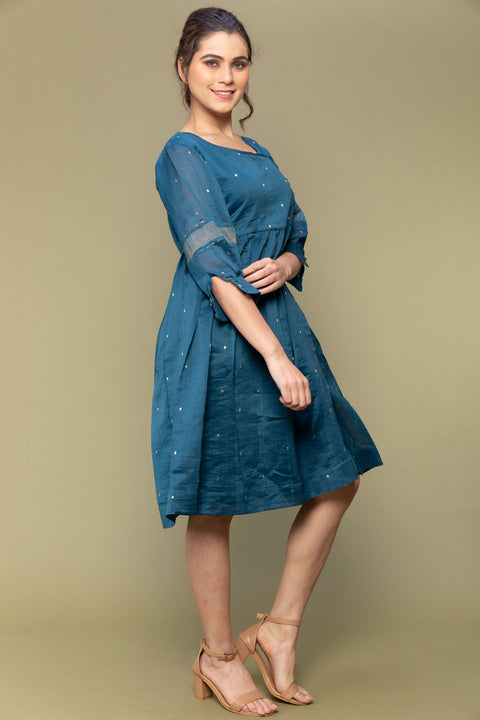 Teal Blue Chanderi Handloom Gathered Wrap Dress
