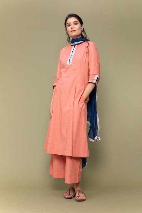 Shop Coral Orange Cotton A-Line Kurta with Cobalt Blue Dupatta & Palazzo Set of 3 | Vinusto

