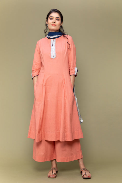 Buy Coral Orange A-Line Cotton Kurta with Palazzo - Set of 2

