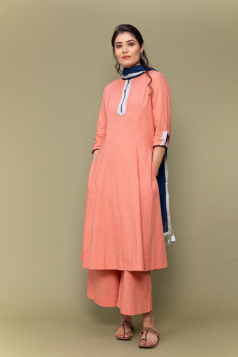 Buy Coral Orange Cotton A-Line Kurta with Cobalt Blue Dupatta & Palazzo Set of 3 | Vinusto

