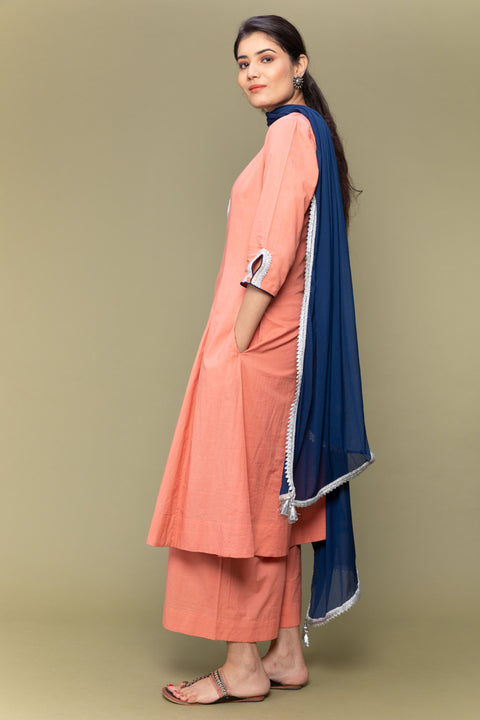 Order Coral Orange Cotton A-Line Kurta with Cobalt Blue Dupatta & Palazzo Set of 3 | Vinusto

