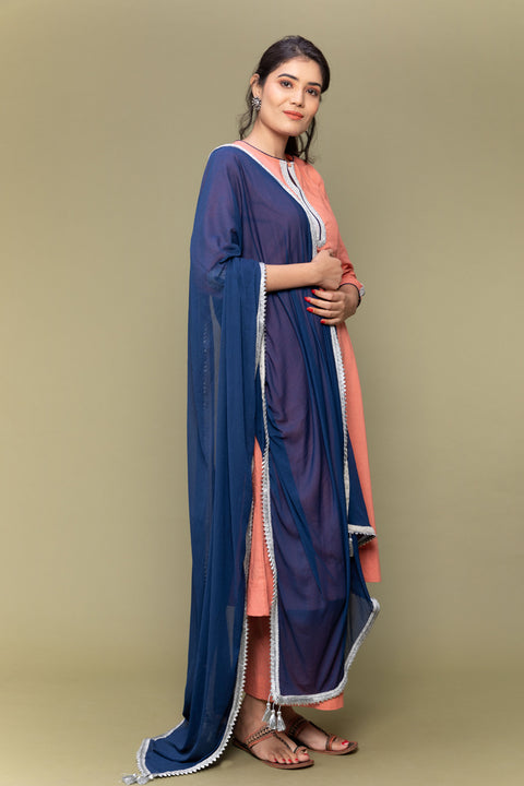 Luxury Coral Orange Cotton A-Line Kurta with Cobalt Blue Dupatta & Palazzo Set of 3 | Vinusto

