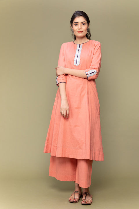 Shop Coral Orange A-Line Cotton Kurta with Palazzo - Set of 2

