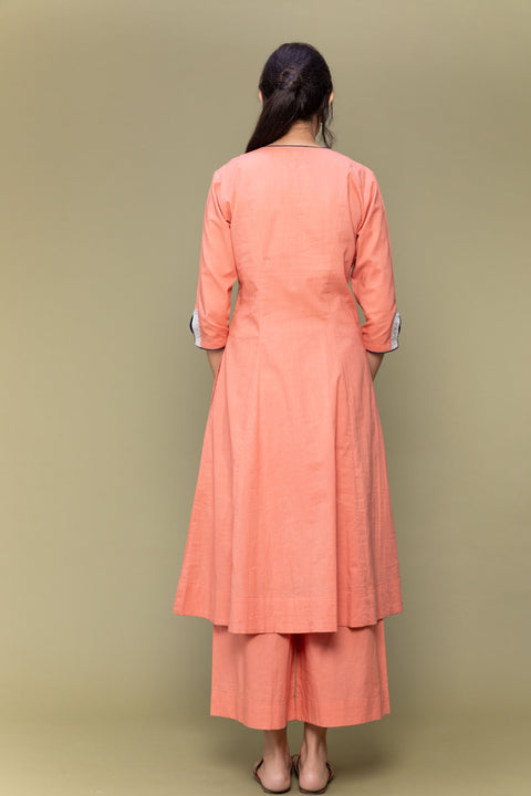 Coral Orange A-Line Cotton Kurta With Gota Details