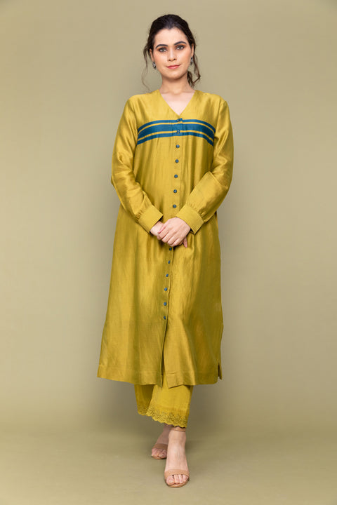 Shop Lime Yellow Chanderi Handloom Silk Shirt Kurta & Cotton Palazzo with Lace - Set of 2

