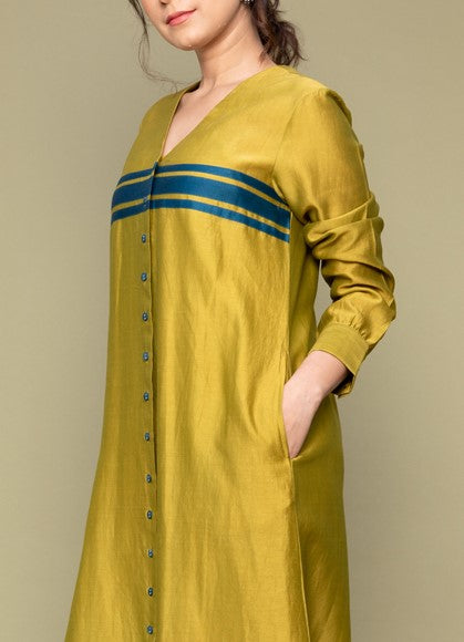 Luxury Lime Yellow Chanderi Handloom Silk Shirt Kurta & Cotton Palazzo with Lace - Set of 2

