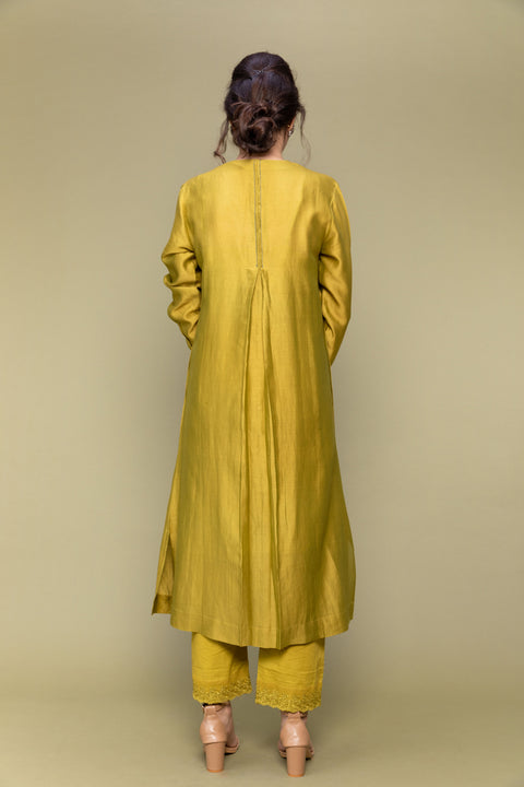 Premium Lime Yellow Chanderi Handloom Silk Shirt Kurta & Cotton Palazzo with Lace - Set of 2

