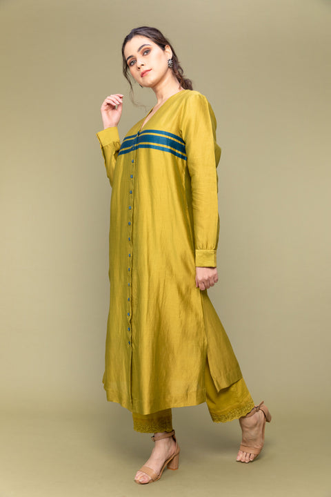 Order Lime Yellow Chanderi Handloom Silk Shirt Kurta & Cotton Palazzo with Lace - Set of 2

