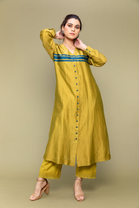 Buy Lime Yellow Chanderi Handloom Silk Shirt Kurta & Cotton Palazzo with Lace - Set of 2


