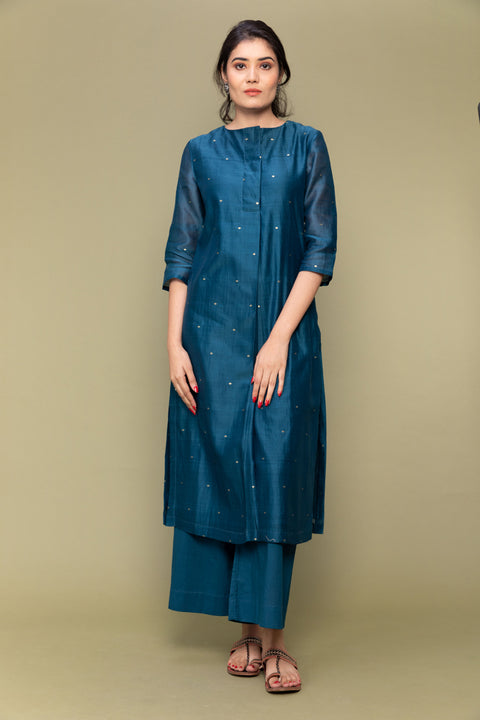 Buy Teal Blue Pleated Chanderi Handloom Kurta with Cotton Pants & Lime Yellow Dupatta - Set of 3

