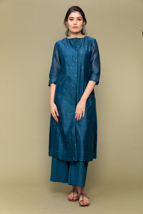 Teal Blue Pleated Chanderi Handloom Kurta with Cotton Pants & Lime Yellow Chanderi Dupatta (Set of 3)