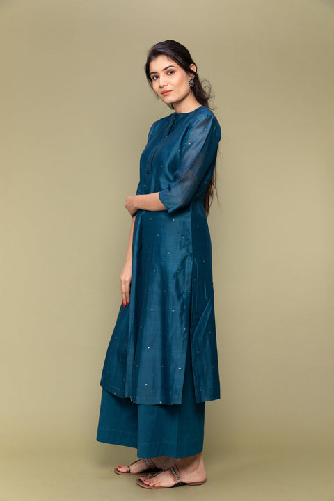 Order Teal Blue Pleated Chanderi Handloom Kurta with Cotton Pants & Lime Yellow Dupatta - Set of 3


