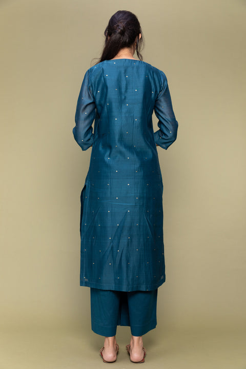 Premium Teal Blue Pleated Chanderi Handloom Kurta with Cotton Pants & Lime Yellow Dupatta - Set of 3

