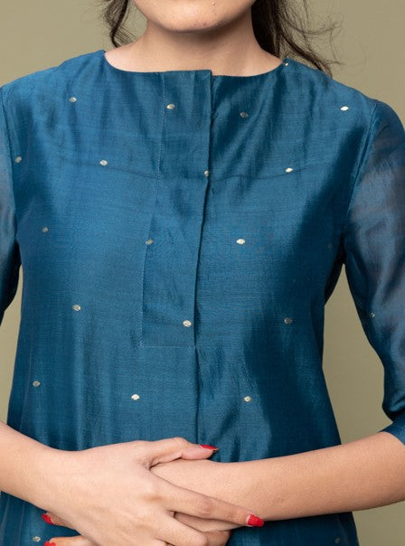 Luxury Teal Blue Pleated Chanderi Handloom Kurta with Cotton Pants & Lime Yellow Dupatta - Set of 3

