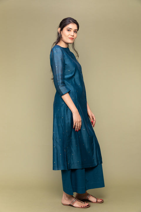 Order Teal Blue Pleated Chanderi Handloom Kurta with Cotton Pants - Set of 2

