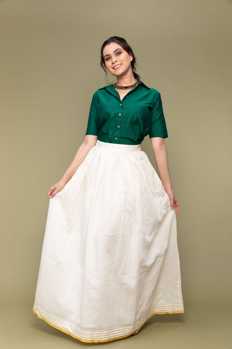 Shop Forest Green Crop Shirt in Handwoven Cotton with Off-White Chanderi Handloom Skirt (Set of 2) | Vinusto