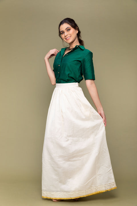 Buy Forest Green Crop Shirt in Handwoven Cotton with Off-White Chanderi Handloom Skirt (Set of 2) | Vinusto