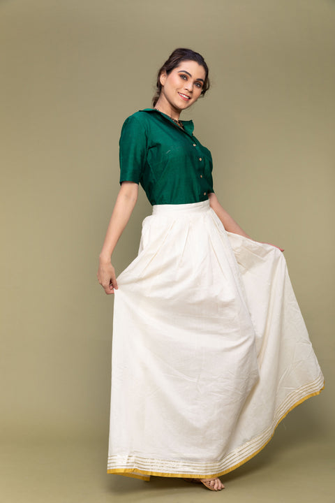 Order Forest Green Crop Shirt in Handwoven Cotton with Off-White Chanderi Handloom Skirt (Set of 2) | Vinusto